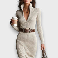 Dianelle – Knit Midi Dress with Belt and Half-Turtleneck