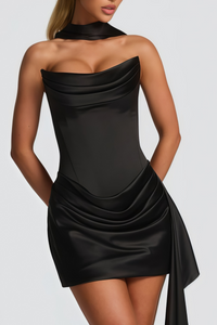 Zenina Black Ruched Ribbon Detail Mini Dress