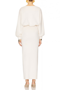Boglárka White Cinched Knitted Waist Midi Dress