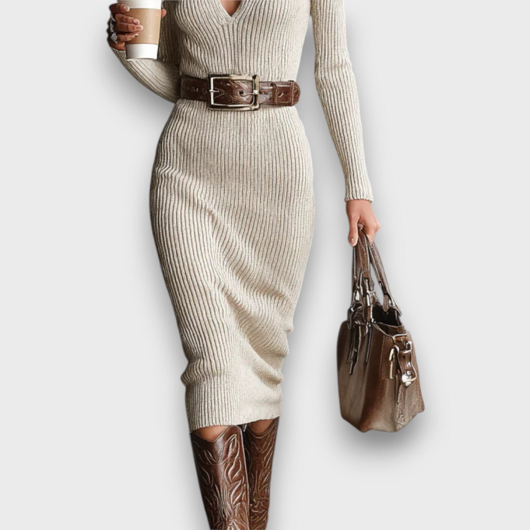 Marceline – Ribbed Half-Turtleneck Belted Midi Dress