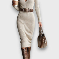 Marceline – Ribbed Half-Turtleneck Belted Midi Dress