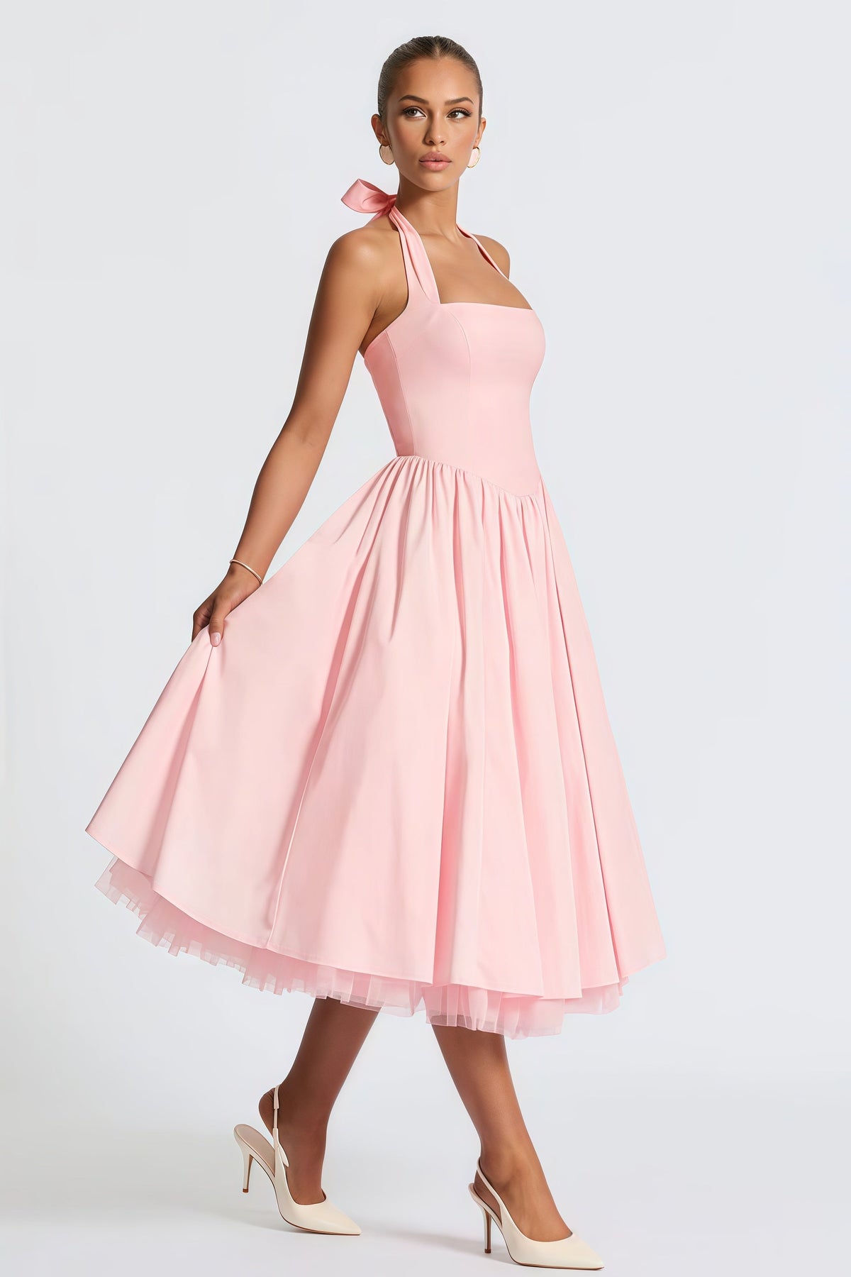 Eponine Pink Layered Flared Hem Midi Dress