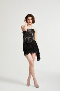 Kylitha black lace ribbon mini dress