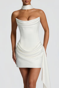 Zenina White Ruched Ribbon Detail Mini Dress