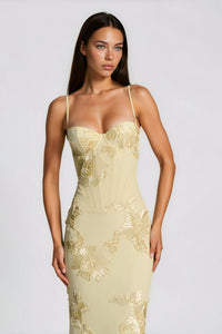 Théoline Yellow Floral Appliqué Corset Maxi Dress