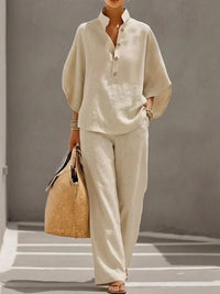 Maribel™ | Linen Two-Piece Set with Batwing Sleeves and Wide-Leg Pants
