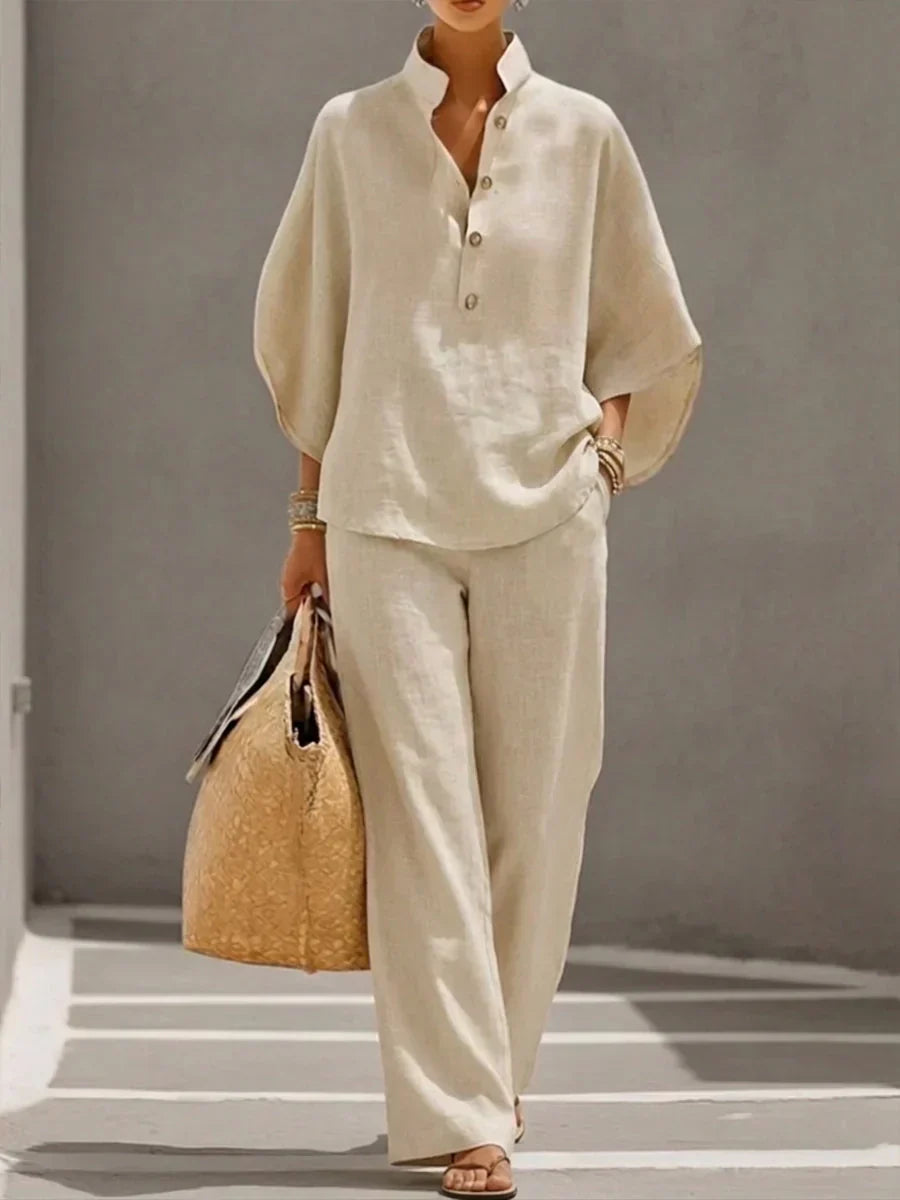 Maribel™ | Linen Two-Piece Set with Batwing Sleeves and Wide-Leg Pants