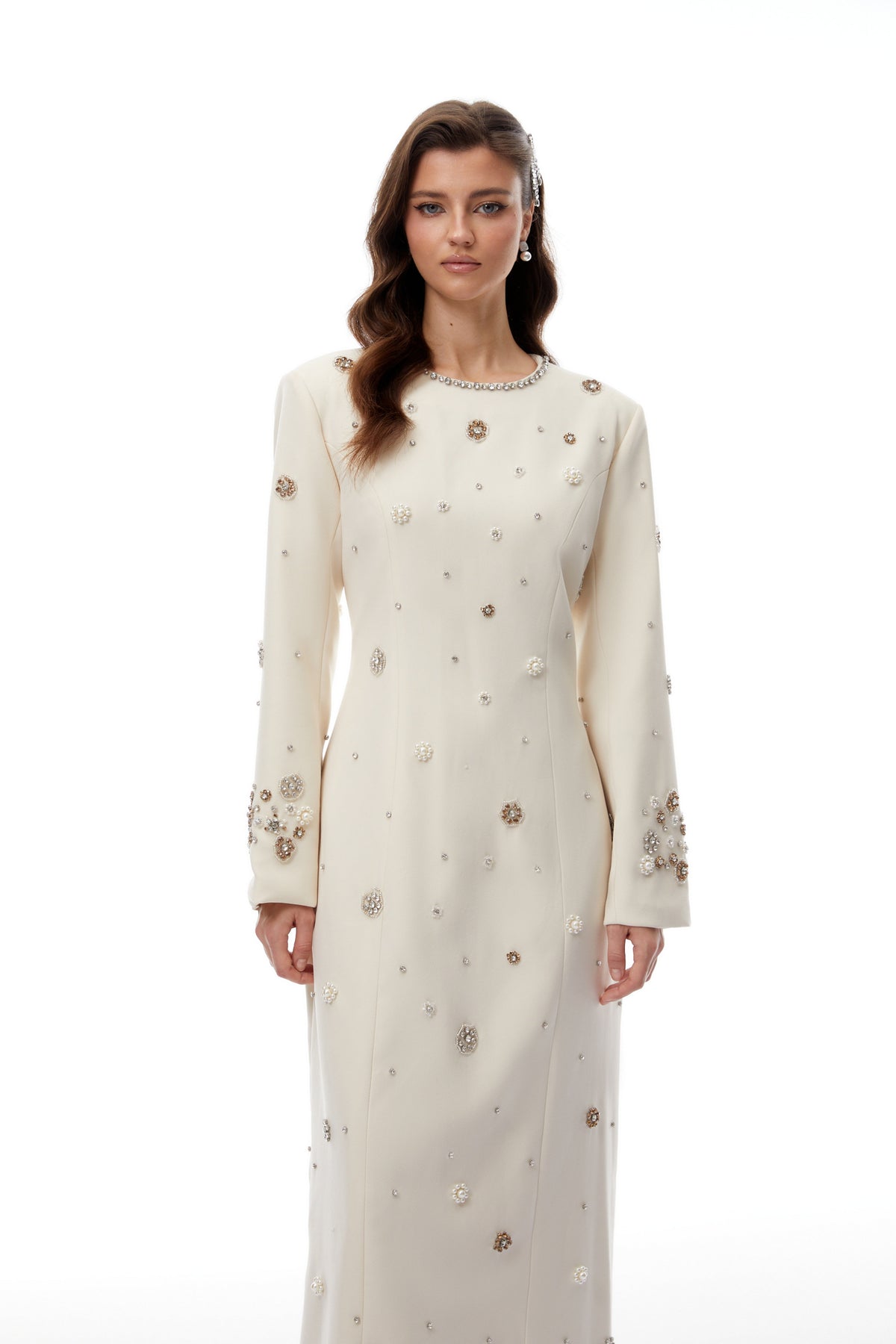 Peyton Cream White Fully Embellished Maxi Dress