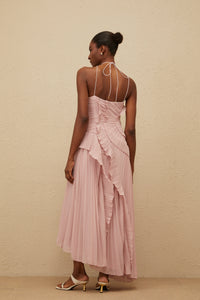 Doux Pink Ruffled Trim Pleated Midi Dress