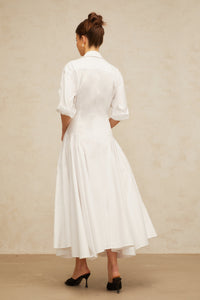 Dulcie white front-slit shirred shirt dress