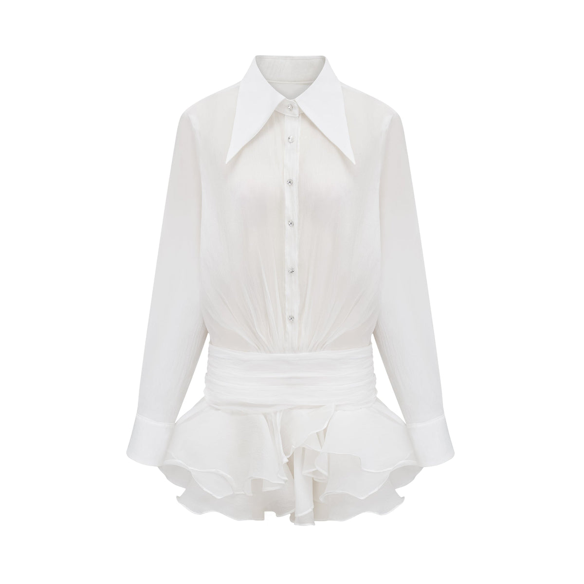Renée white ruffled mini shirt dress