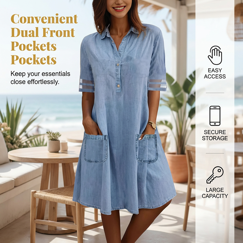 Relaxed Fit A-Line Denim Dress with Mesh Sleeve Detail