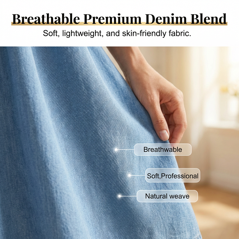 Relaxed Fit A-Line Denim Dress with Mesh Sleeve Detail