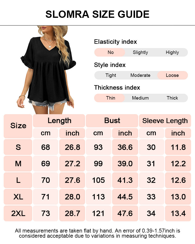 Casual V Neck Ruffle Sleeve Babydoll Peplum Tops